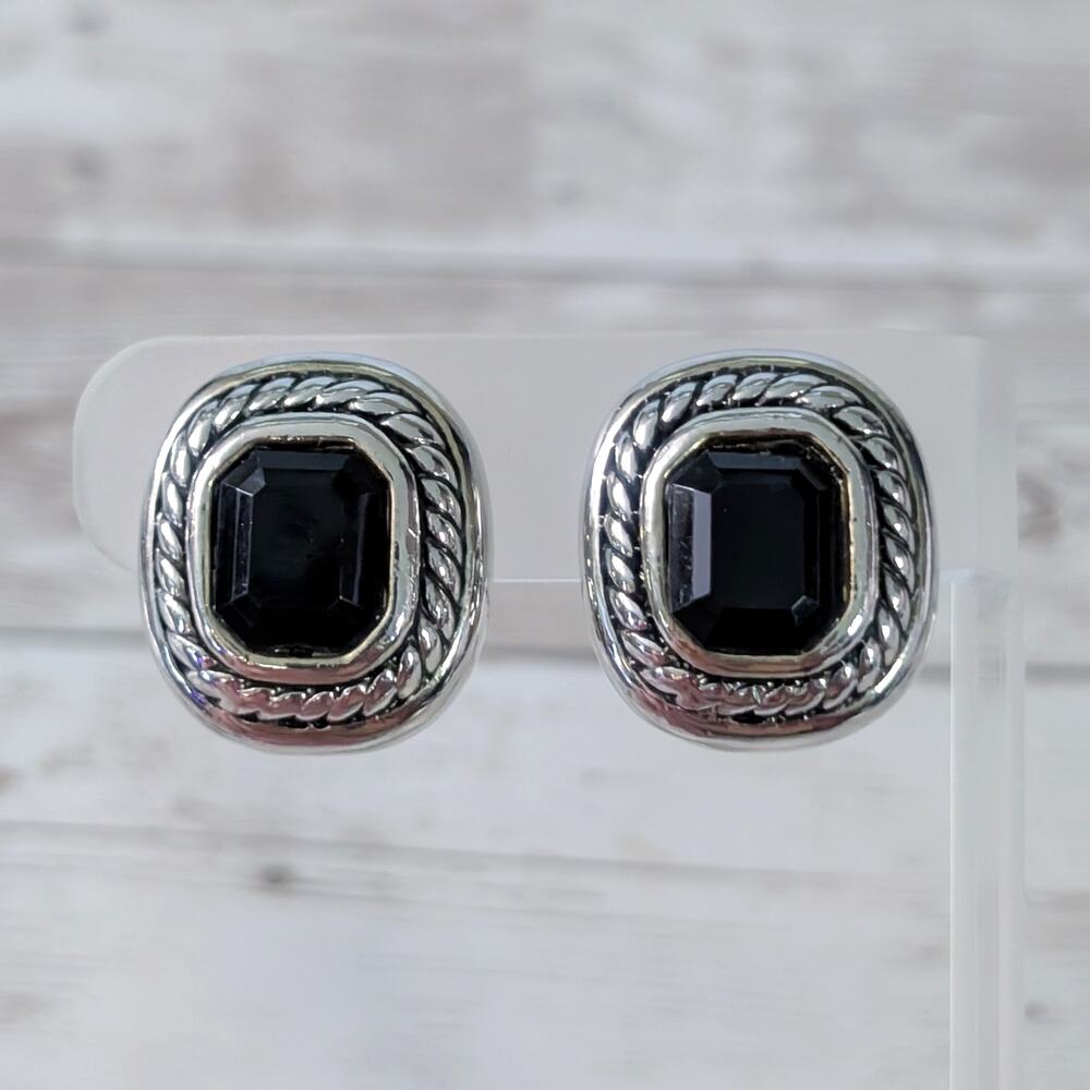 Vintage Clip On Earrings 1" Chunky Statement Silver Tone with Black Gem